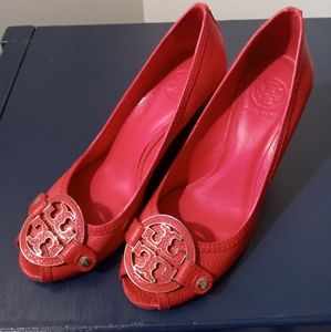 Tory Birch Amanda Peeptoe Wedge Red Leather